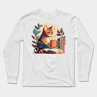 Foodilicious - Cat Caffeine Addiction Coffee And Reading Book Long Sleeve T-Shirt